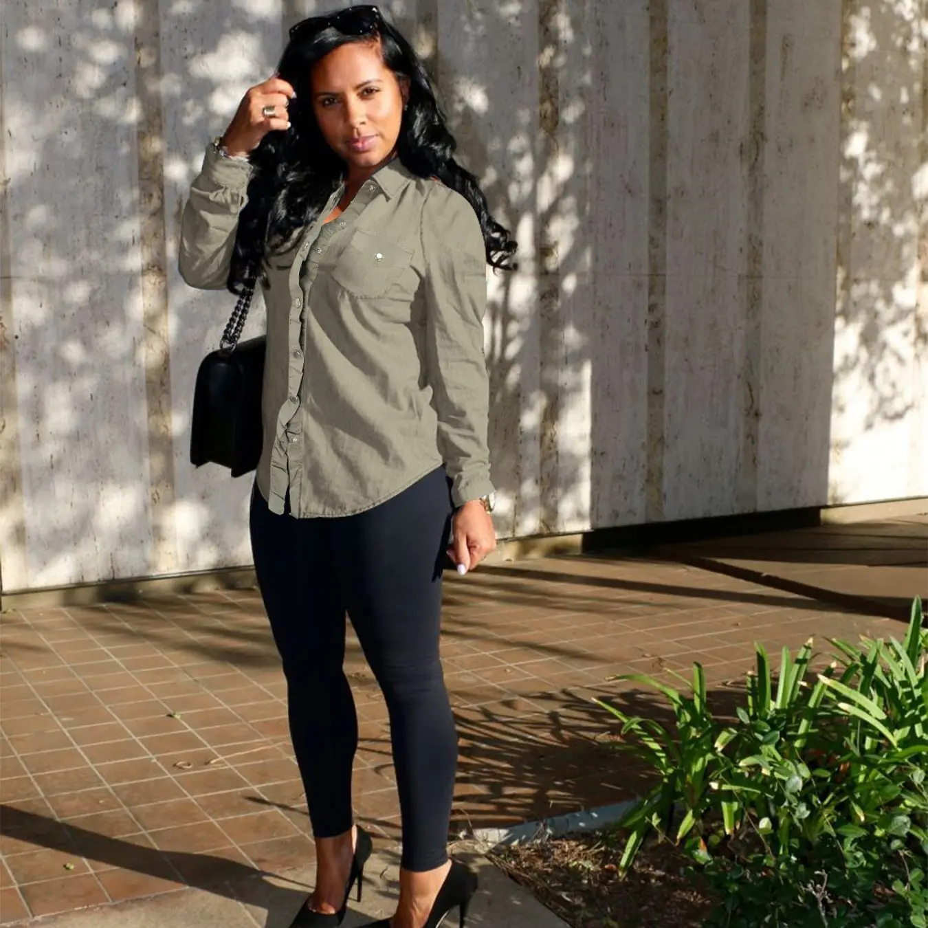 Свободная Повседневная Джинсовая блузка топы однобортные черные/армейские