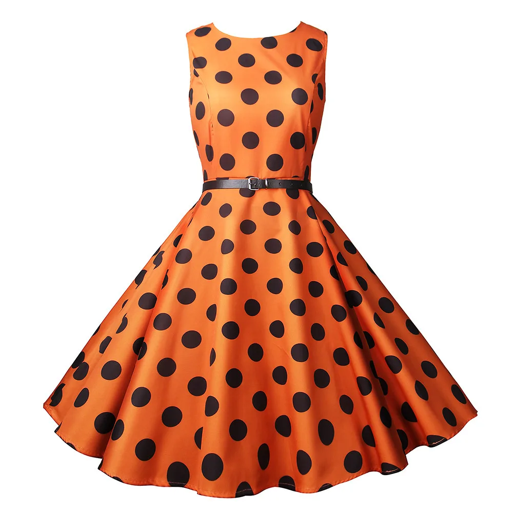 

50S60S Hepburn Style Printed Dress Crewneck Waist Dress Retro Wave Dot Dress