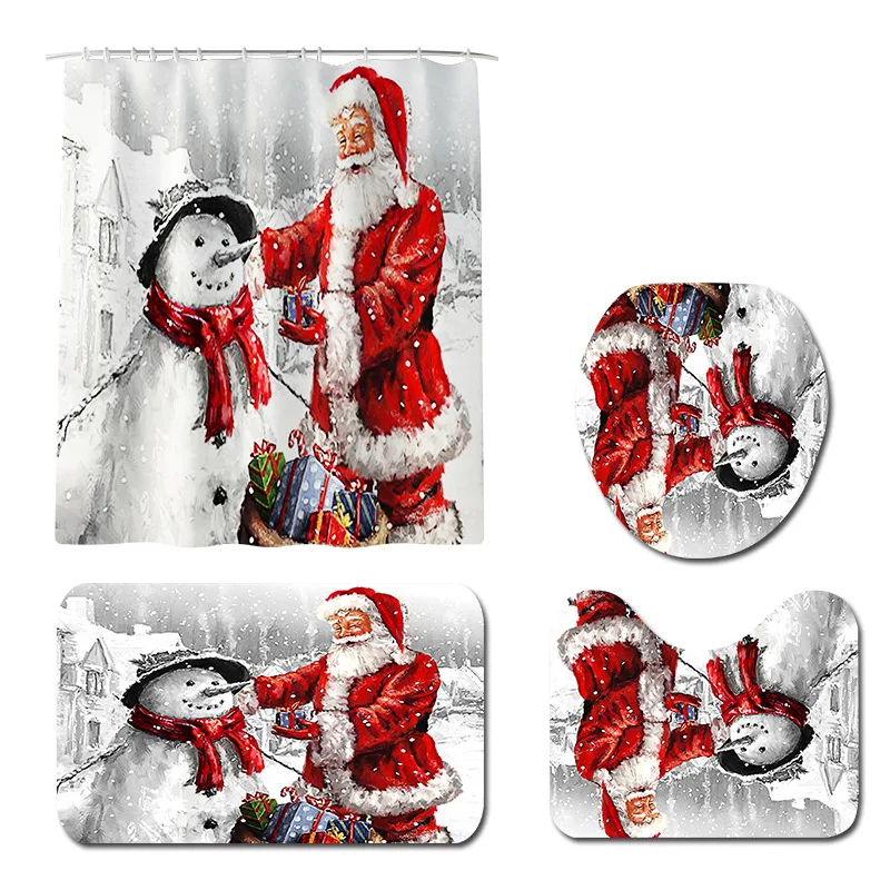 

New Christmas Decorative Carpet 4-piece Set Toilet Seat Mat Bathroom Non-Slip Mat Set Bathroom Decoration Curtain Set Home Decor