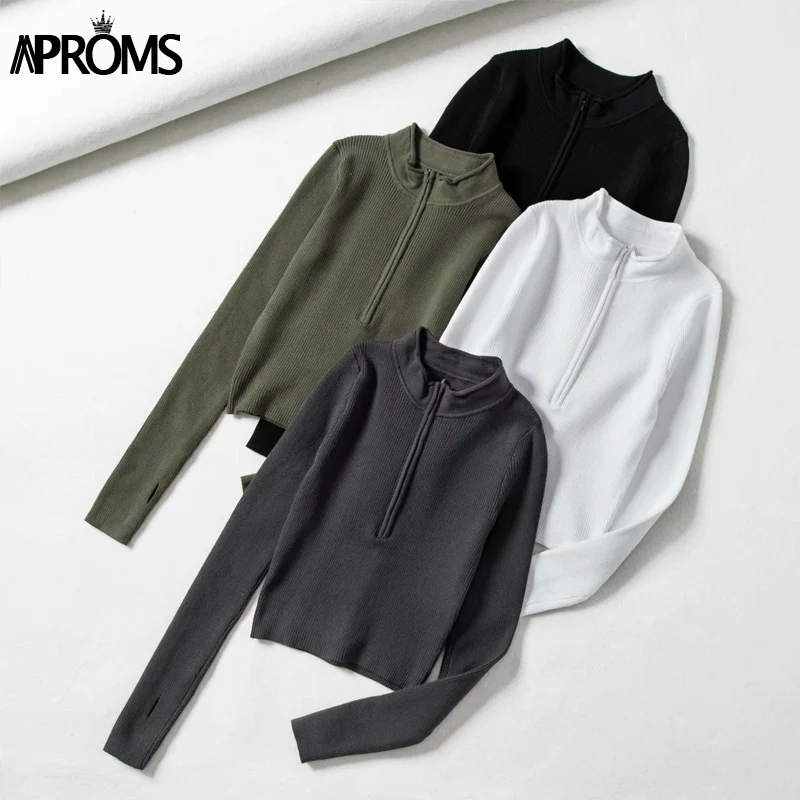 

Aproms Elegant High Neck Zipper Front Knitted Sweater Women Solid Basic Cropped Pullover Winter Spring Fashion Clothing Top 2020