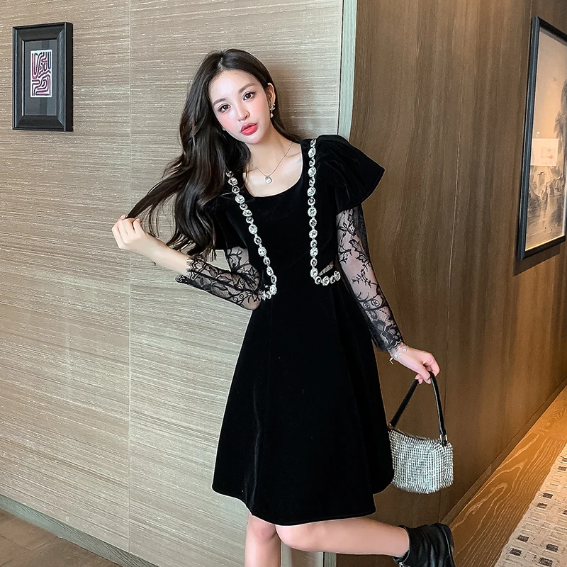 

Women One Piece Casual Dress Winter 2021 New Office Lady French Korea Style Long Sleeve O-Neck High Waist Dresses