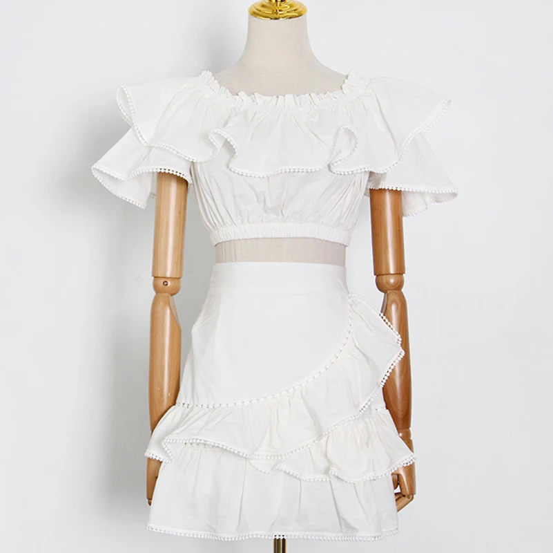 

SeeBeautiful Two Pieces Ruffles Slash Neck Short Shirt Elastic Waist A-line Half-body Skirt New Fashion Summer 2021 Woman E562