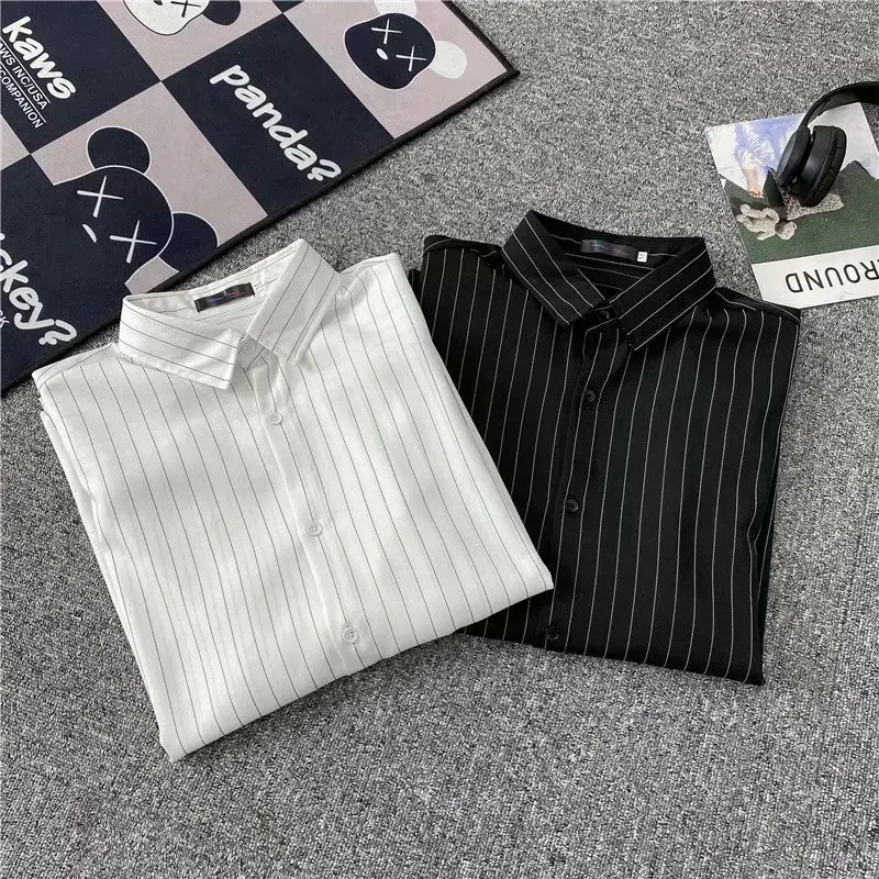 

Korean Style Black and White Casual Shirt Summer Men's Short-sleeved Fashion Shirt Striped Thin Loose Lapel Jacket