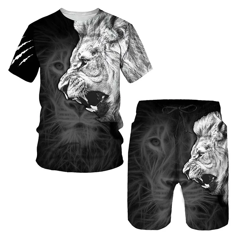 

Summer Fashion 3D Printing Lion King Men's T-shirt + Shorts Set Men's Round Neck Loose Short Sleeve Fitness Popular Sportswear