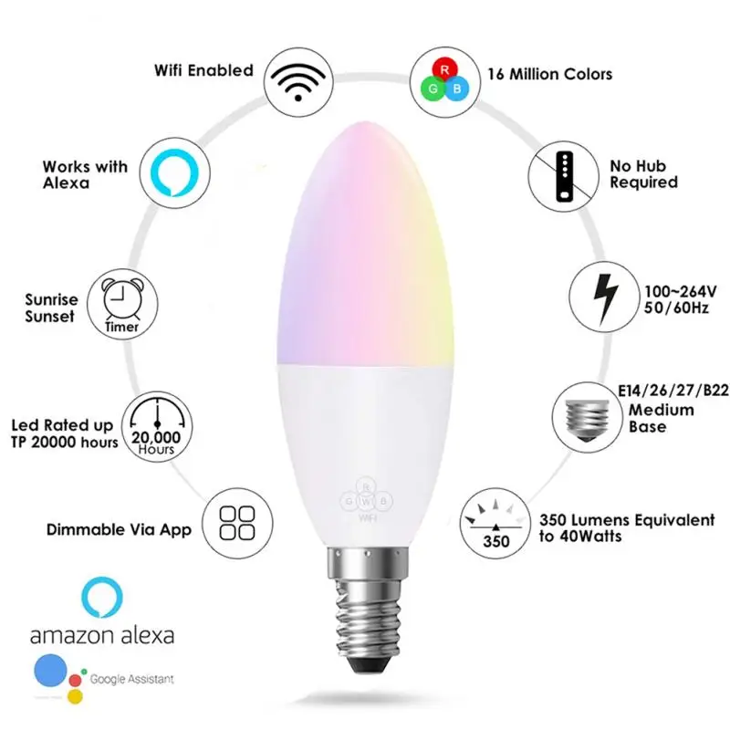 2019 Hot 1pcs WiFi Smart Bulb LED 6W RGB E14/E26/E27/B22 Color Changing Light Voice Remote App Control Work With Life | Лампы и