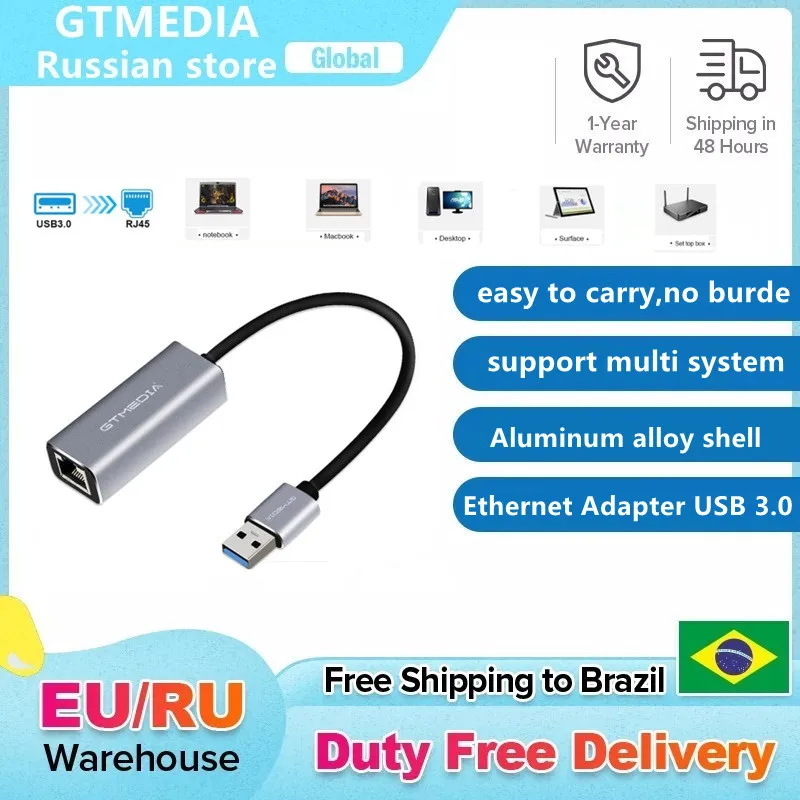 

USB Ethernet Adapter USB 3.0 Network Card to RJ45 10/100/1000M Lan for Windows 10 Xiaomi Mi Box 3 Nintend Switch Ethernet USB
