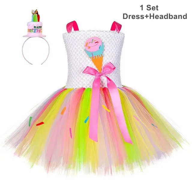 Halloween Ice Cream Birthday Costume With Hat Kids Sweet Candy Pageant Back To School Tutu Dress Girls Autumn Winter Clothes Set - Цвет: Dress Headwear