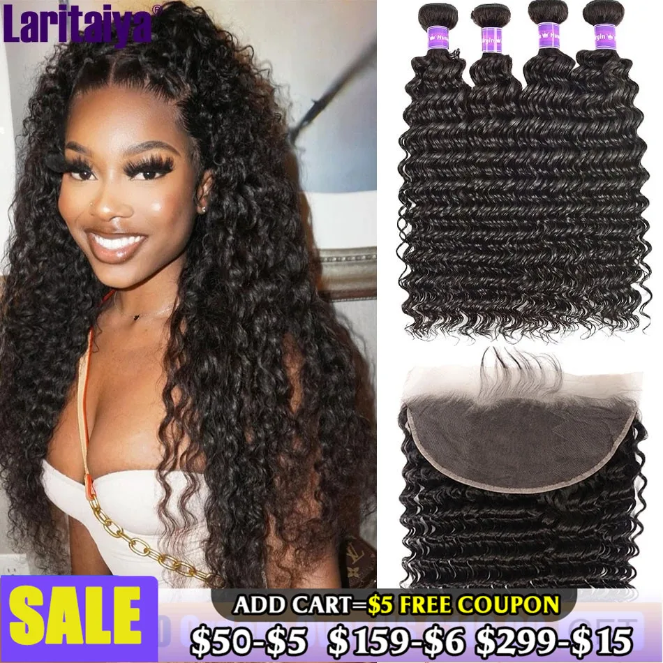 Brazilian Deep Wave Bundles With Closure 100% Human Hair 2/3 Bundles With Frontal Brazilian Hair Weave Bundles With Closure