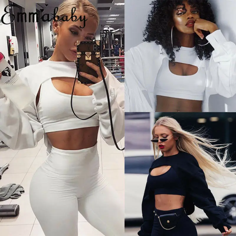 Women's Hoodie Sweatshirt Jumper Crop top Hollow out Long Sleeve Hoodie Gym Sports Pullover Streetwear Womens Tops