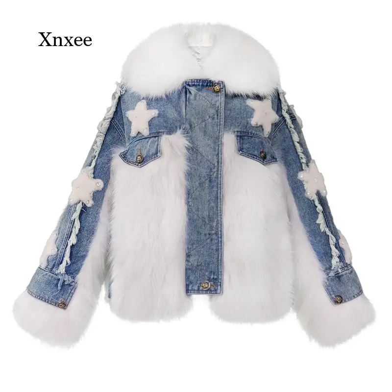 

Fox Fur Denim Patchwork Jacket New Winter Ladies Star Fur Coat Thickening Warm Jackets Women Coat Multicolor Women's Clothing