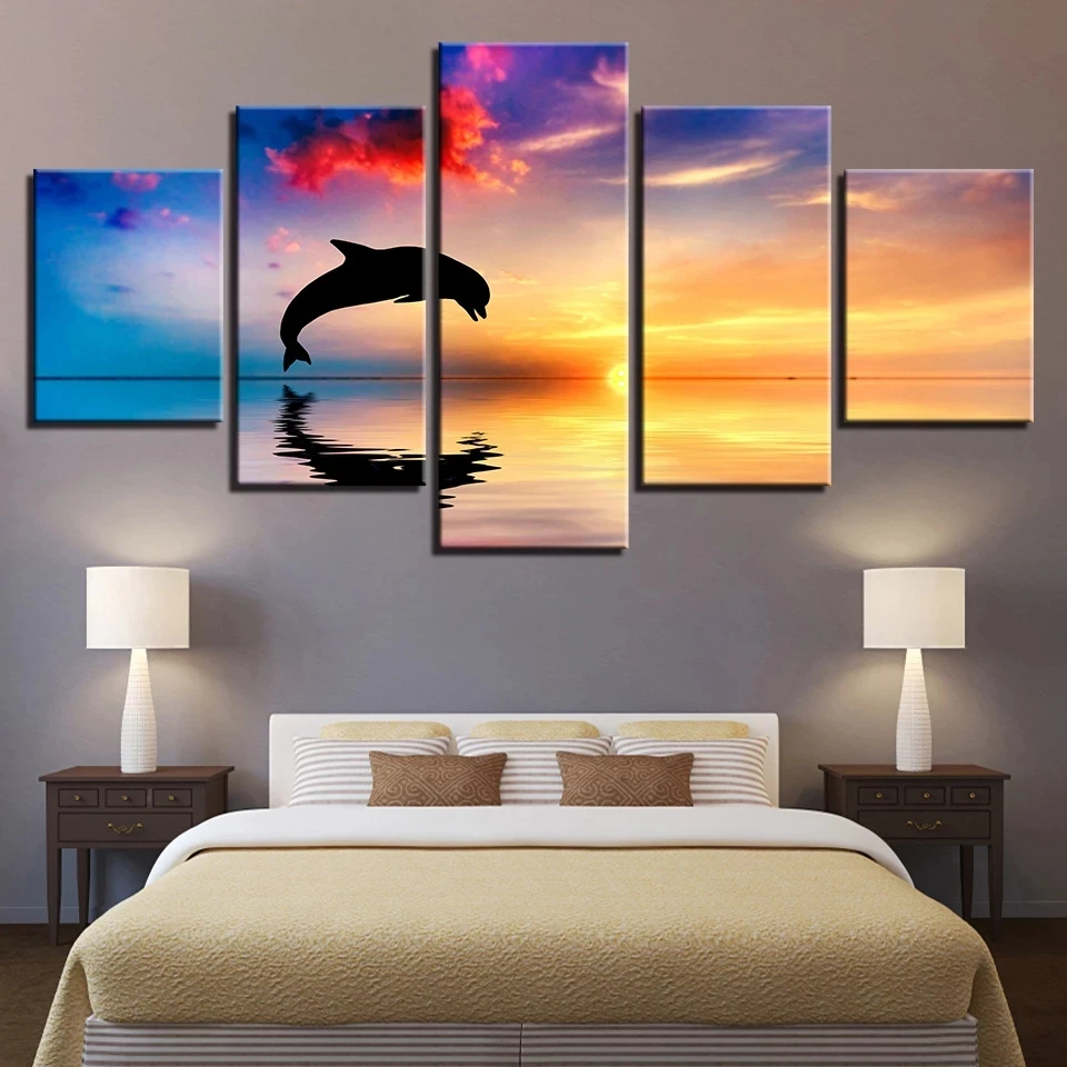 

Canvas HD Prints Pictures For Living Room Wall Art 5 Pieces Dolphins Swim Jump Paintings Home Decor Sunset Seascape Poster Frame