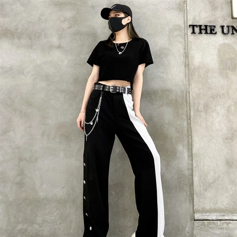 

Arrival Women Fashion Contrast Cargo Pants Female Elastic Waist Wide Leg Trousers Ladies 2021 Korean High Street Pant Plus Size