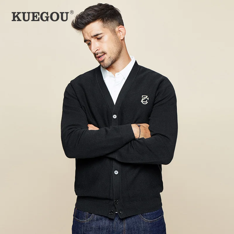 

KUEGOU autumn winter men sweater Brand warm knitted fashion Knitwear leisure sweaters cardigan men top plus size BZ-12357