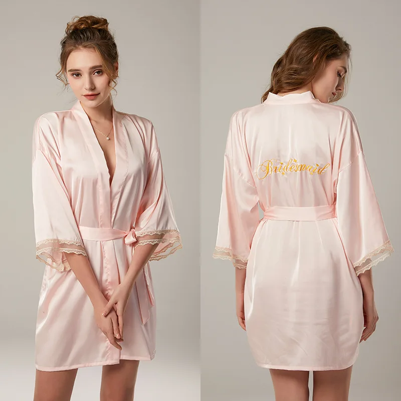 

2021 New Lace Kimono Robe Women Satin Nightwear Sexy Short Homewear Bride Bridesmaid Wedding Bathrobe Gown Half Sleeve Sleepwear