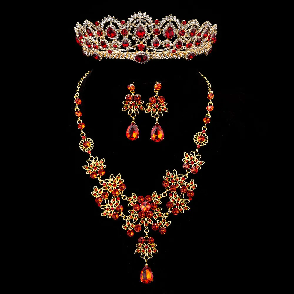 3PCS Set Red KMVEXO, 3 шт., в стиле барокко, Ретро стиль, золото, Красный Кристалл, Свадебные Ювелирные наборы, стразы, диадемы, корона, ожерелье, серьги, набор, свадебные аксессуары - Окраска металла: 3PCS Set Red