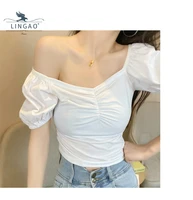 sexy retro casual wild crop top square collar short sleeve women blouses sweet pleated solid color chiffon shirt 2021 summer new
