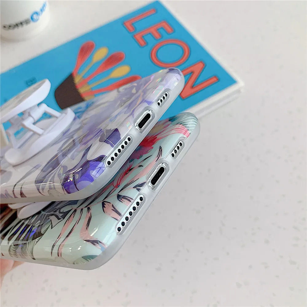

Laser Flower Grip Stand Holder Phone Case For iphone 12 Mini XS X XR 11 Pro Max 7 8 Plus SE 2020 Silicone Glossy Back Cover
