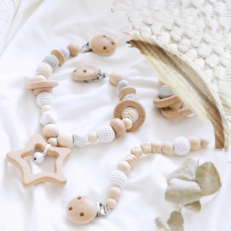 

Baby Wooden Pram Clip Infant Teething Toys Personalize Silicone Bead Pacifier Baby Pain Relief Perfect Grab Shower Gift For Kids