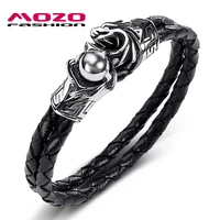 new fashion bangle men jewelry black double layer stainless steel punk dragon claw beads leather bracelets