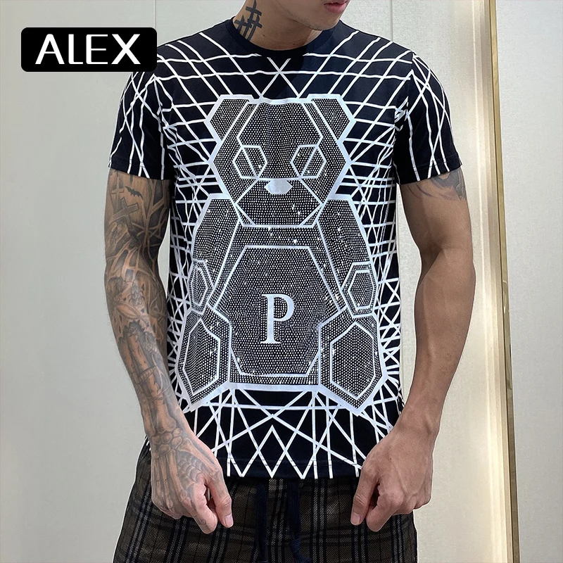 Alex Plein мужская одежда летние Стразы медвежонок в уличном Мужская мода футболка с