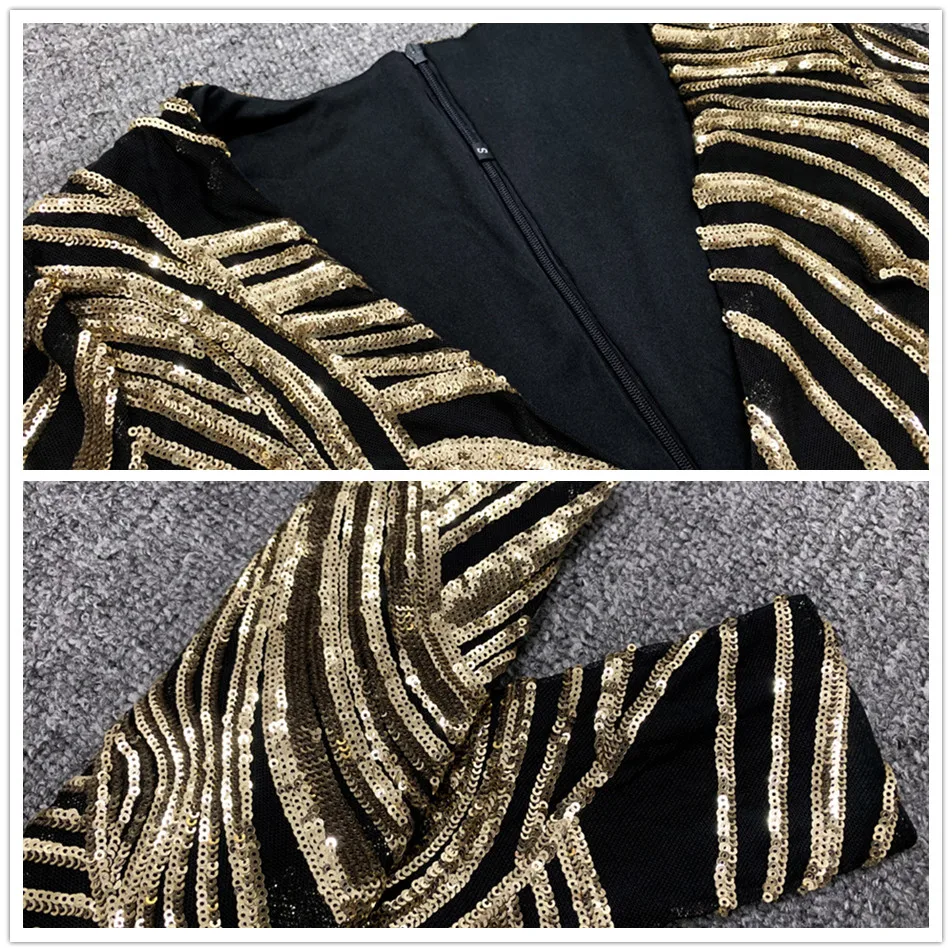 

2021 Autumn School New Gold Sequin Women's Midi Dress Long Sleeve Deep V-neck Bodycon Dress Evening Party Dress Vestidos