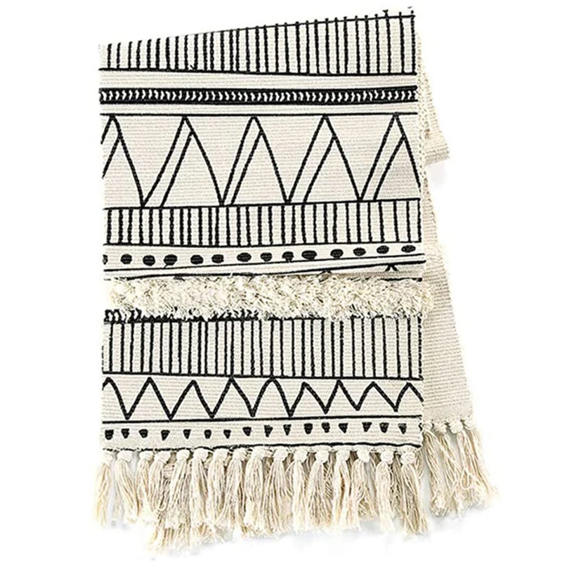 

Moroccan Fringe Table Runner, Bohemian Geometric Cotton Fabric Handmade Woven Tufted Tassels Farmhouse Table