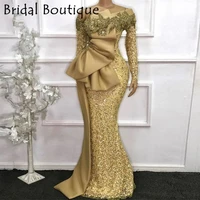 elegant african long sleeves lace mermaid evening dresses 2022 aso ebi long sleeves gold beaded prom gowns robe de soiree