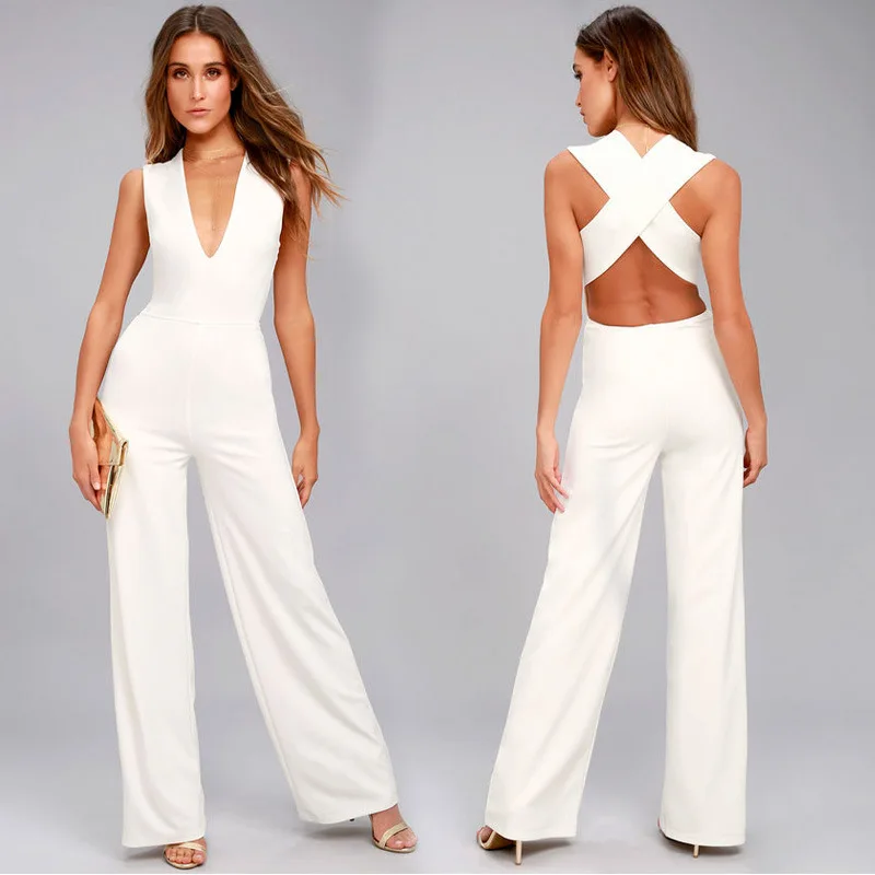 Women Sexy White Jumpsuits Slim Wide Leg Backless Cross Deep V Neck Sleeveless Solid Bodysuits Overall Drop Shipping 2021 |