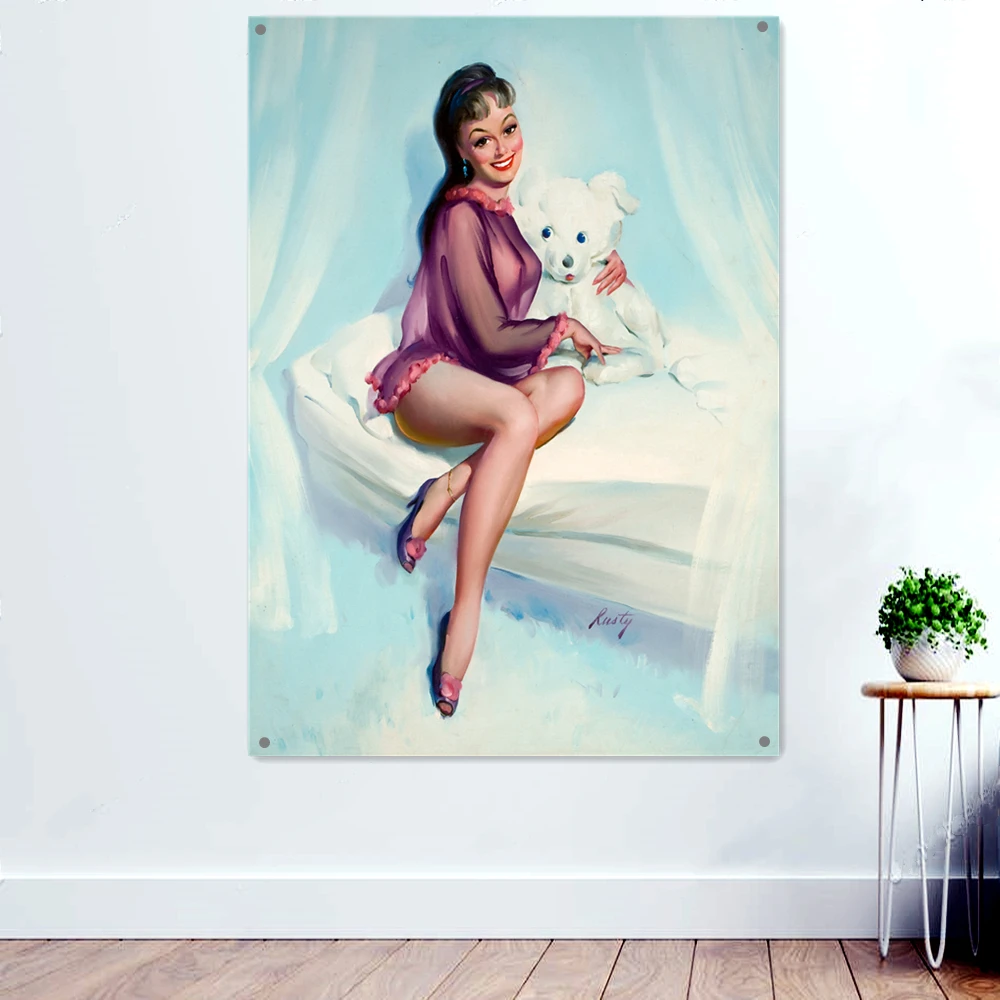 

Sexy Lady American Pin up Poster Banner Flag Retro Art Painting Printed Tapestry Wall Decor Home Cafe Bar Decor Wall Picture E5