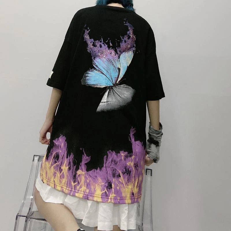 

Футболка для мужчин и женщин национальная прилив темно похороны пламени с изображением бабочек; Свободные пару хип-хопа больших размеров с ...