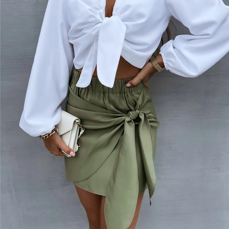 

2021 Summer Casual Women Skirts Fashion Elegant OL Empire Lace Up Bow Pencil Mini Skirts