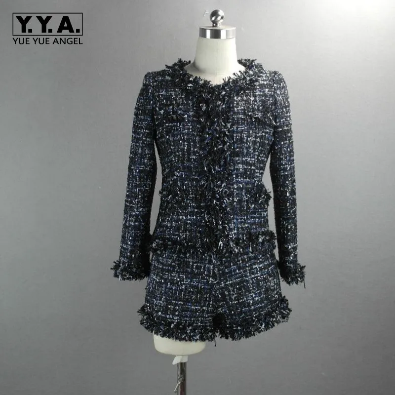 Бренд для женщин осень сплайсированные твидовый пиджак шорты из двух частей