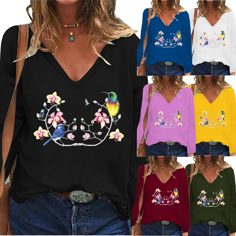 

Ladies Summer Autumn New Fashion Casual Long Sleeved V-neck Shirt Women Printing Loose T-shirt XS-5XL
