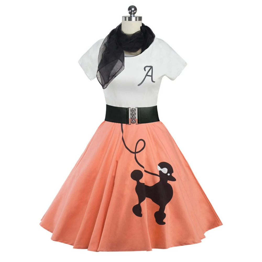 Kenancy 5 Colors Dog Print With Scarves Women Vintage Dress O-Neck Short Sleeve Swing Vestidos 50s Robe Female Casual | Женская одежда