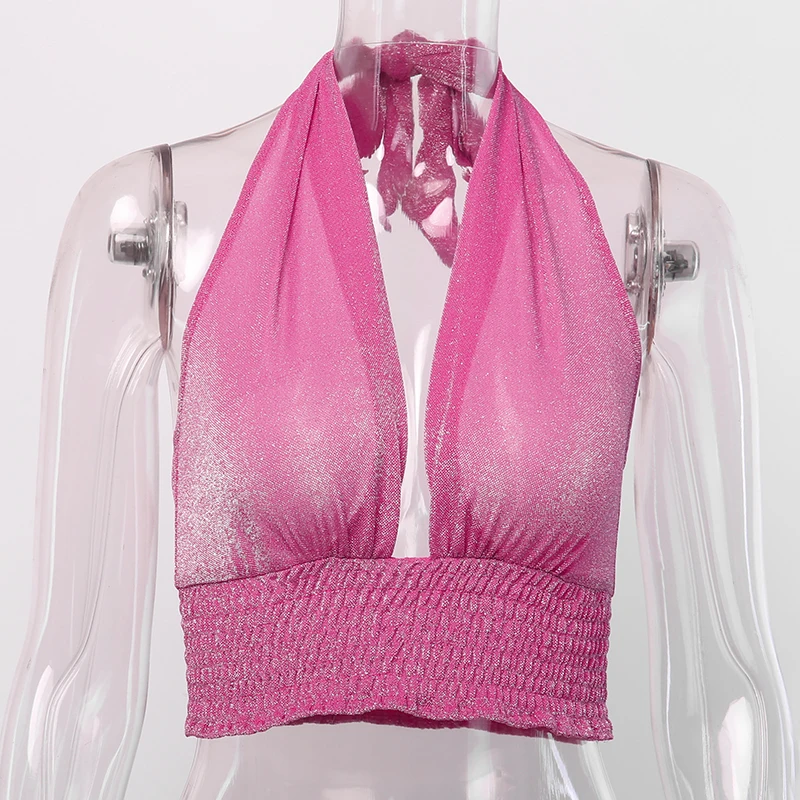 WannaThis розовый Холтер Camis глубокий v-образный вырез сексуальные вечерние укороченные с открытыми плечами без бретелек спинки твердые тонкие эластичные женские