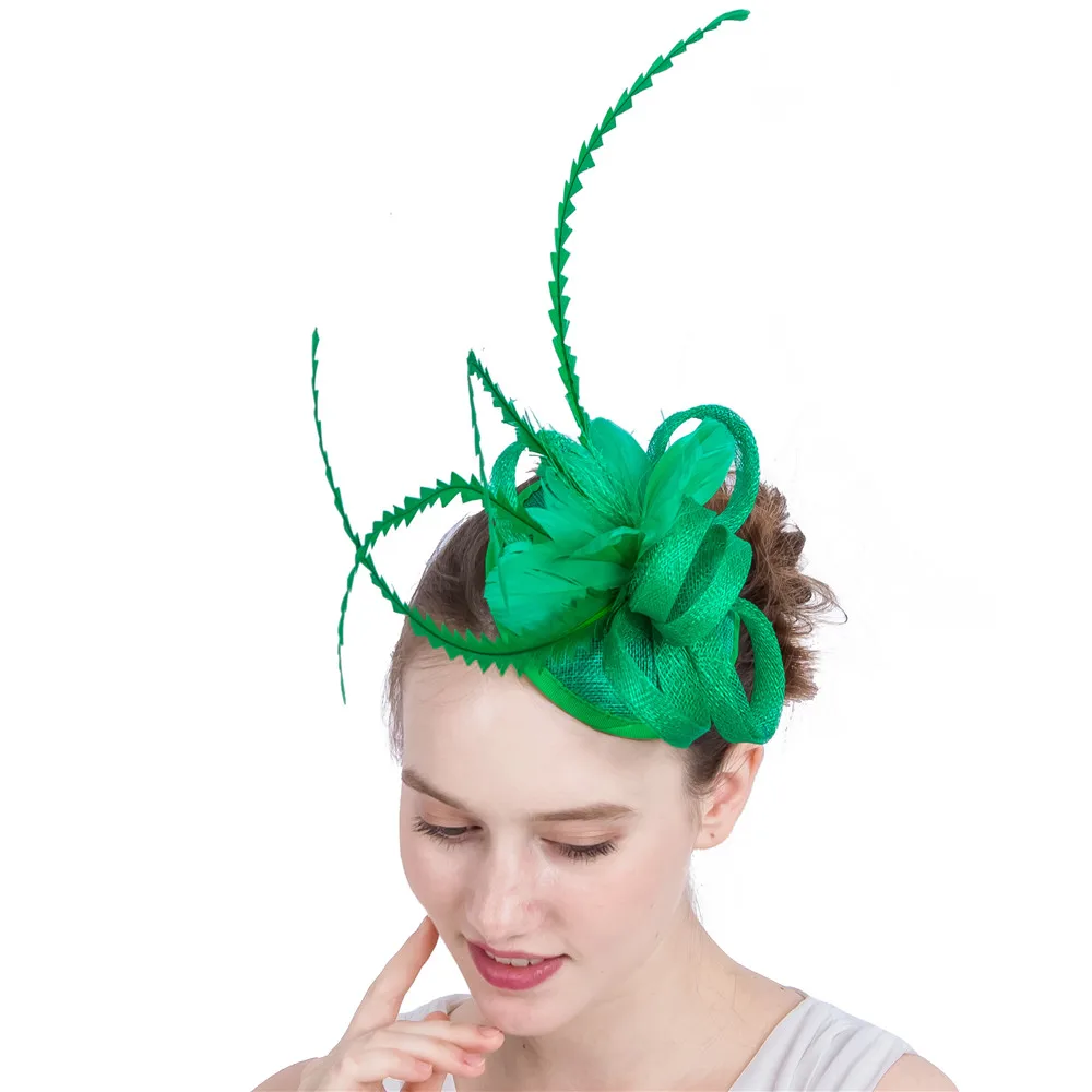 Женская Элегантная шляпка Вуалетка Sinamay с зелеными волосами и перьями шляпки для