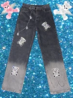 harajuku cub bear beading gradient jeans women high waist chains pant straight y2k punk rave gothic cool hot girl pant capris