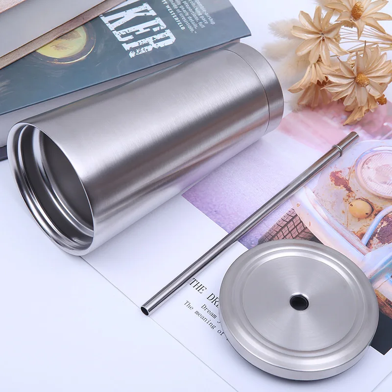 

Creative 500ml Stainless Steel Coffee Mug Double Wall Tumbler Drinkware Outdoor Travel Home Beer Juice Cup with Straw Lid Vacuum