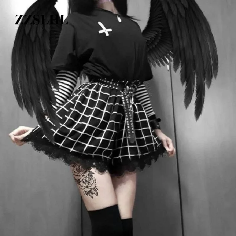 

Black White Plaid Shorts Women Harajuku Shorts Lace Trim Chic Lace Shorts Punk Gothic Shorts Lolita womens Streatwear High Waist