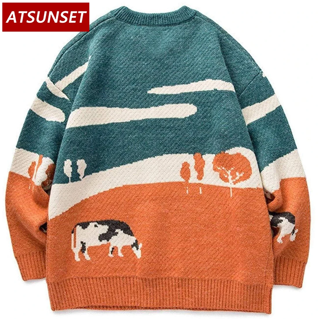 Вязаный свитер ATSUNSET с коровьим узором уличная одежда в стиле хип-хоп вязаный