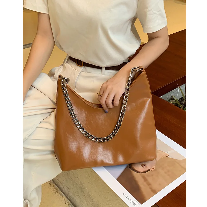 

Large Capacity Chain Underarm Bags Brown Bucket Bags Retro Real Leather Black Crossbody Single Shouder Bags Free Shipping