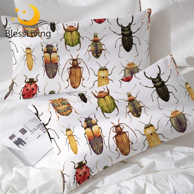 BlessLiving Insect Pillowcase Beetles Sleeping Pillow Case Watercolor Print Bedding Colorful Hipster Pillowcase Cover One Pair 1
