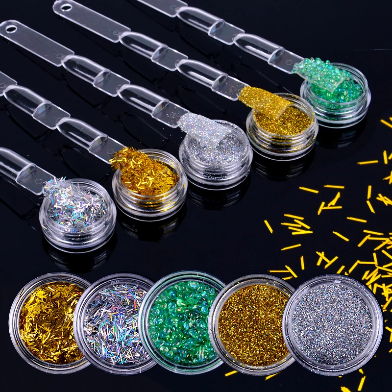 

Holographic Nail Glitter Powder and Sequins Gold Silver AB Nail Art DIY UV Shiny Glitter Dust Pigment Decorations Tools