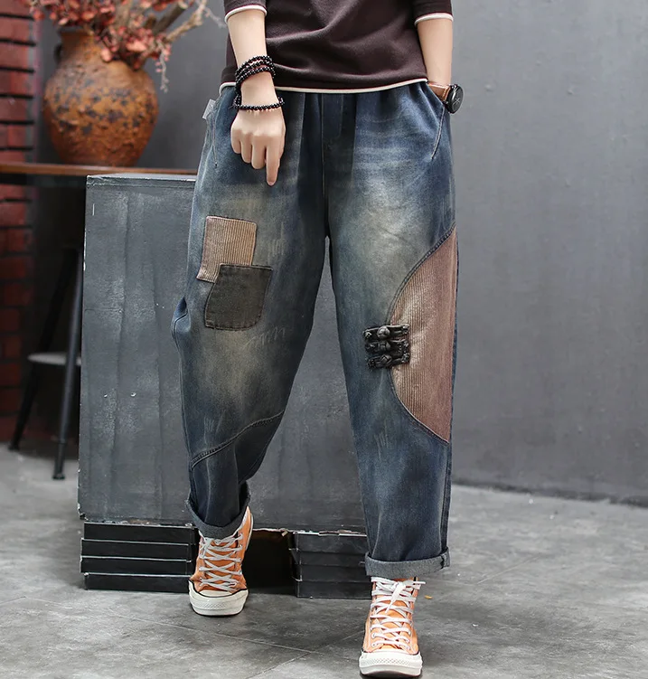Осенние джинсы женские свободные Ретро эластичные талии джинсовые брюки 2019