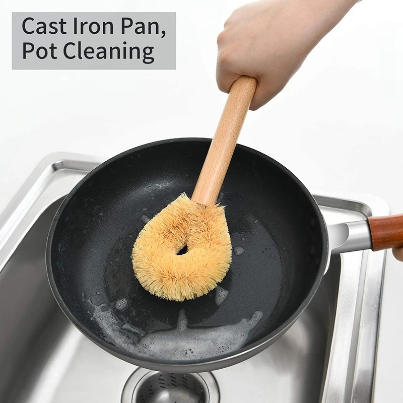

Natural Cast Iron and Bowl Brush Wooden Kitchen Scrubber for Cleaning Pots Pans 9.4 Inches Set of Three