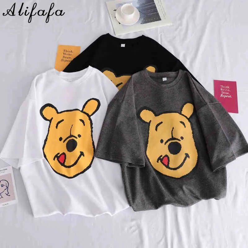 

Korean Women Cotton T-shirt Blouse Ulzzang Bear Print Short Sleeve Summer Harajuku T Shirt Top