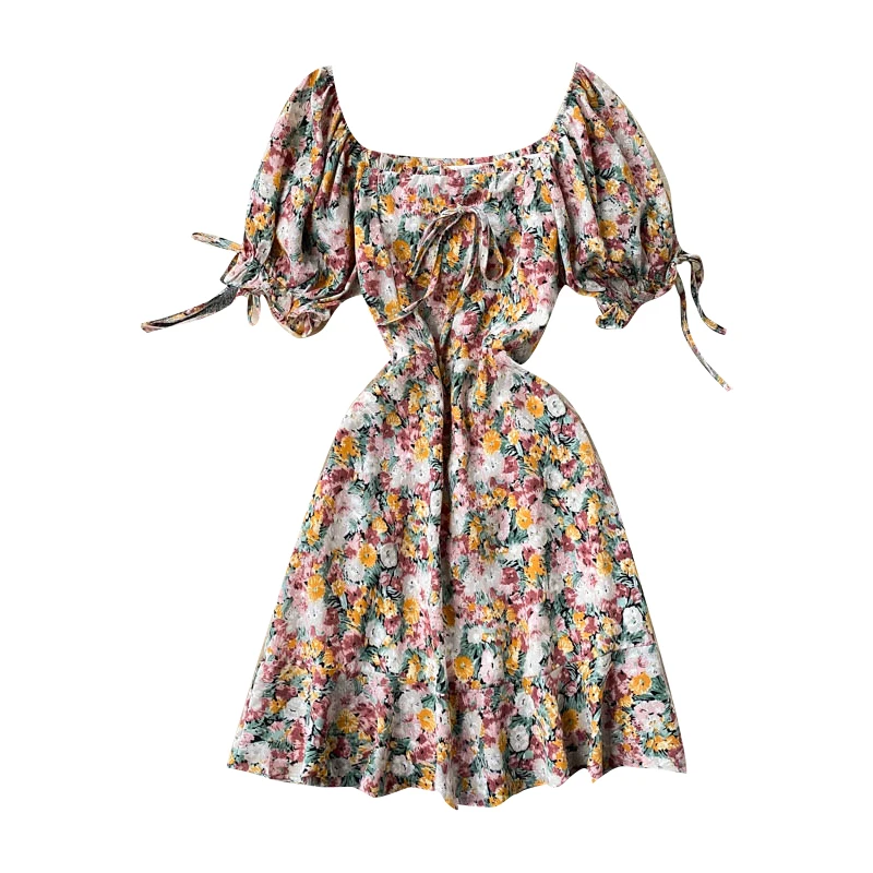 

Women Bohemian Floral Dress French Retro Square Collar Puff Sleeve A-line Dress Summer Sweet Print Ruffles Short Dress