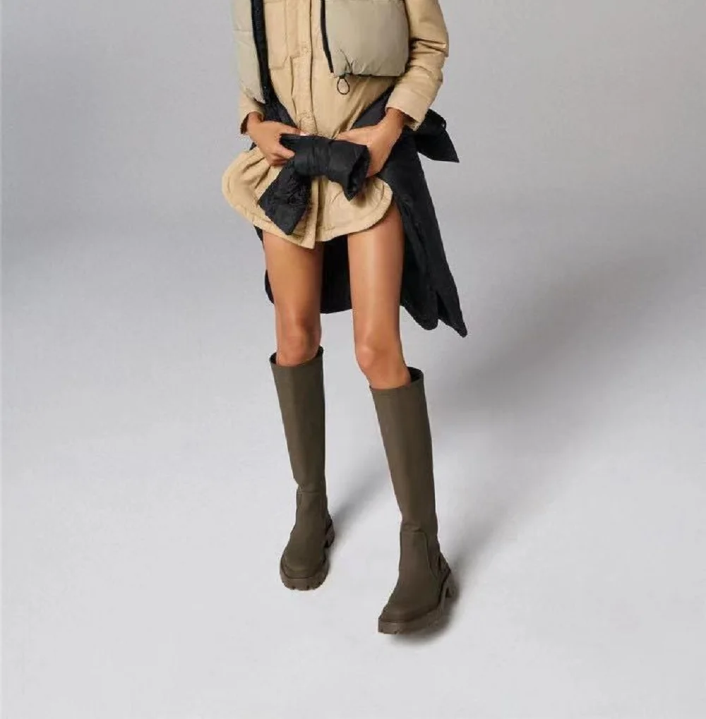 

2021 ZA Round Toe Knee High Platform Women's Shoes Chunky High Laminated Fur Boots Autumn Winter Popular Kahaki Green Long Boots