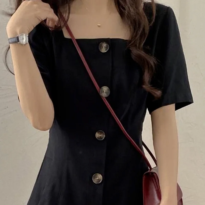 

Short Sleeve Dress Women Black Vestidos Elegant Simple Clothing Lady Chic Large Size All-match Vintage Mini Summer French Style