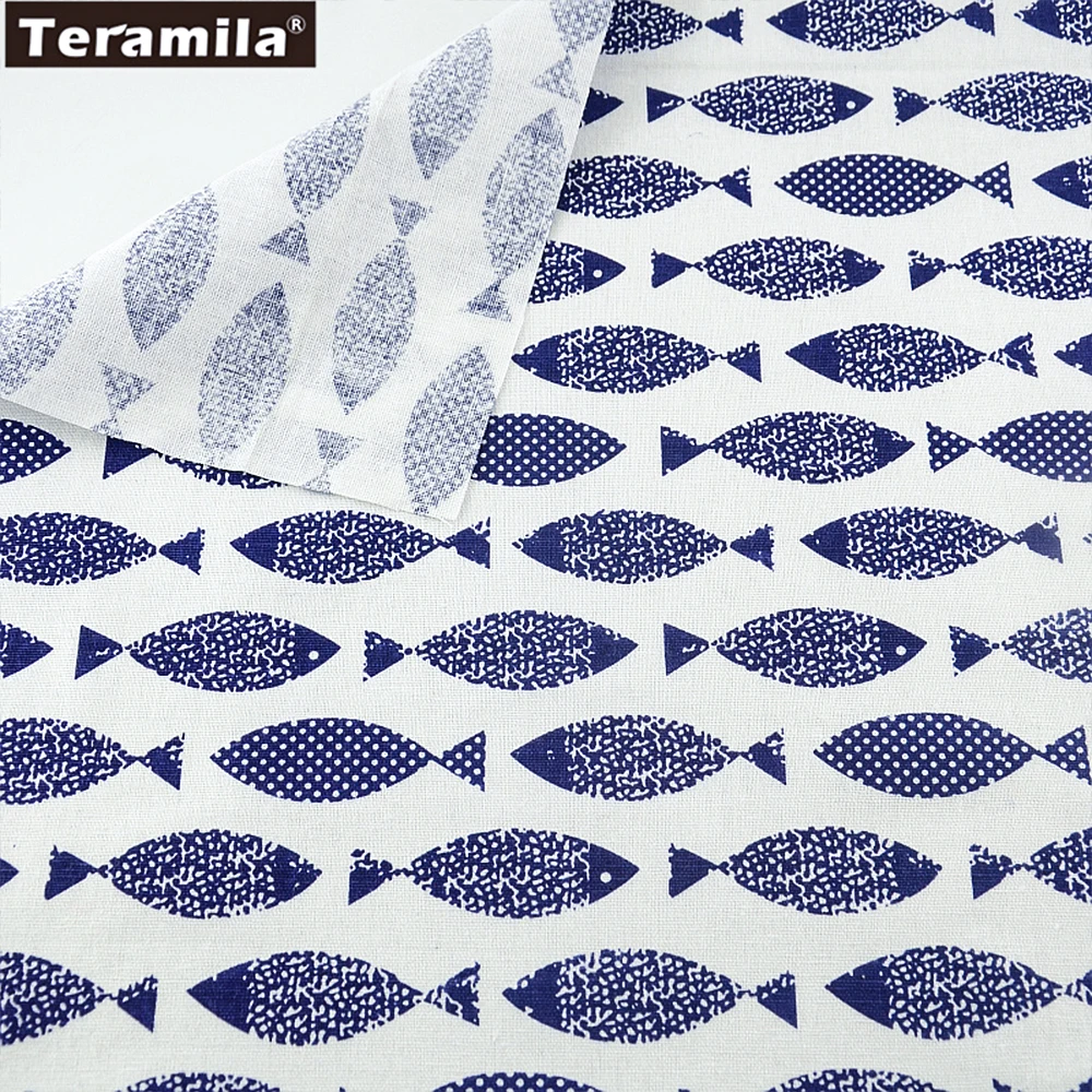 

TERAMILA Home Textile Cotton Linen Fabric Sewing Material Tissu Tablecloth Pillow Bag Curtain Cushion Pillow Zakka Fish Print CM